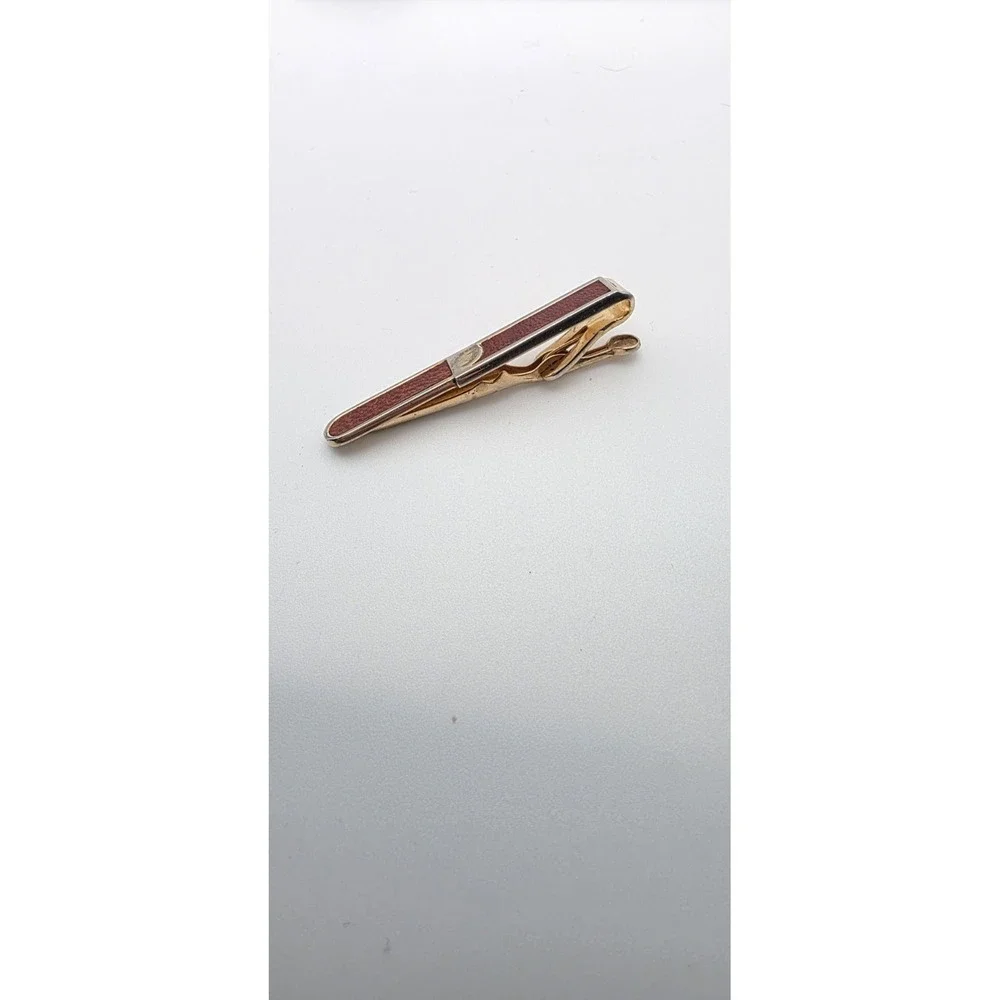 Vintage‎ SWANK CuffLinks & Tir Clip Bar Set 1950s Brown Leather Inlayed in Brass